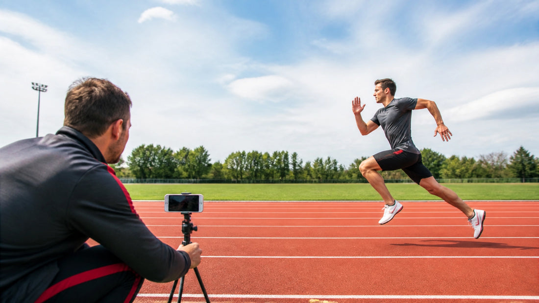 Coach recording a sprinter with a smartphone on an outdoor athletics track