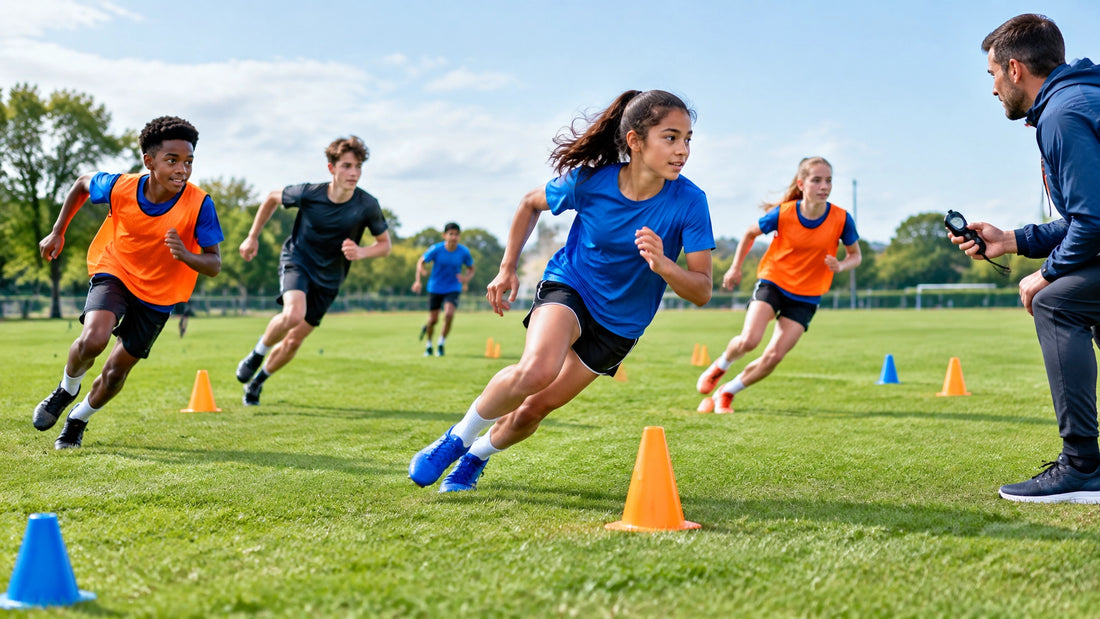 Young athletes completing speed and agility tests on a sports field with cones and a coach using a stopwatch